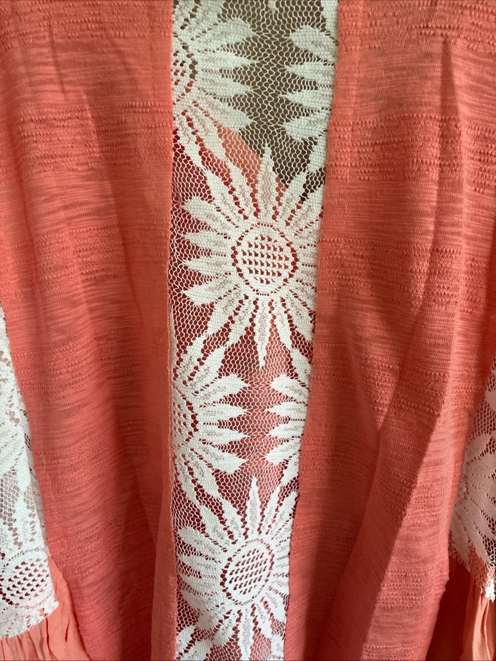POL Coral V-Neck Top with White Crochet Sleeves - Picture 6 of 9